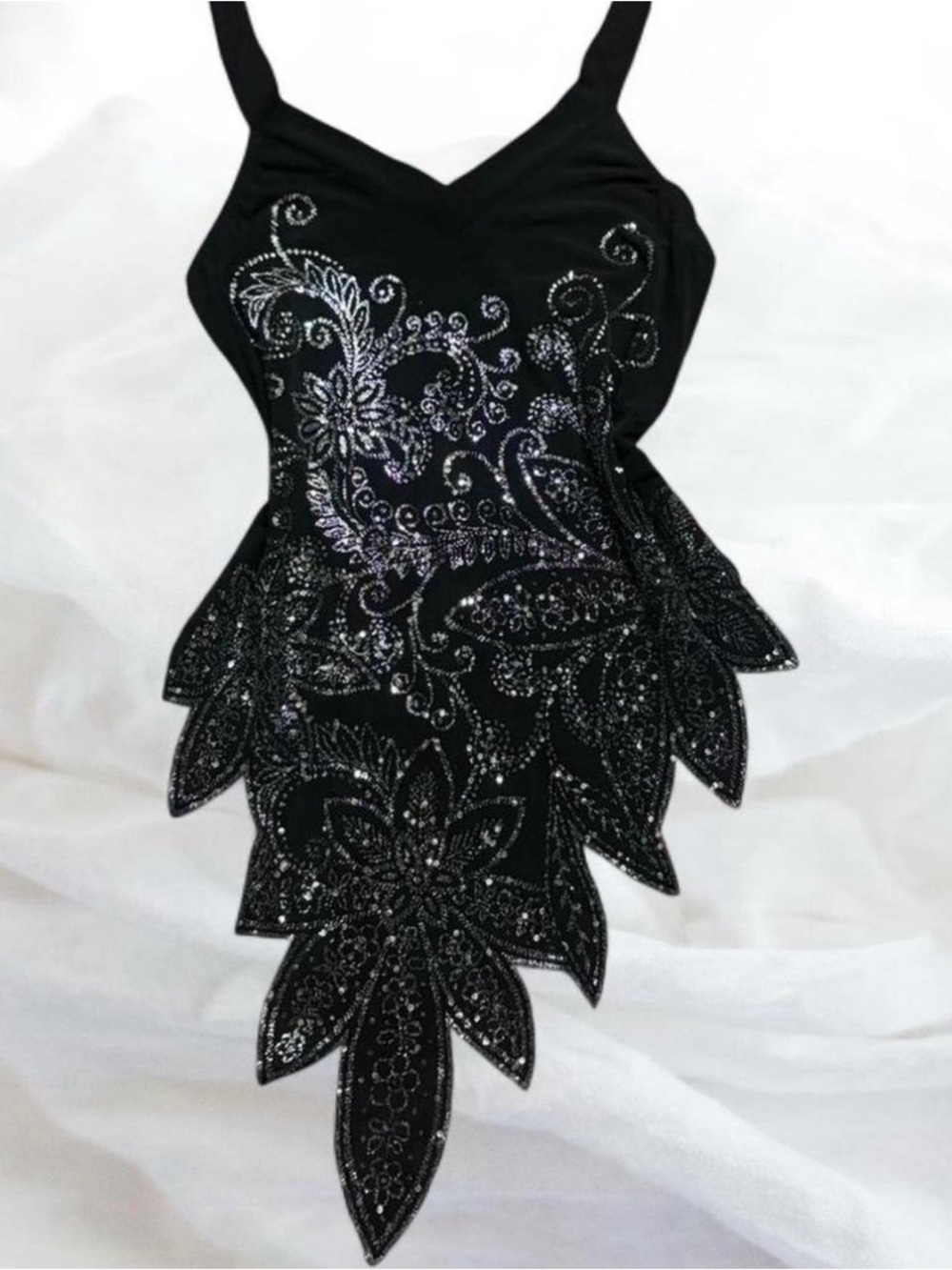 Lipstick Boutique black & silver asymmetrical floral flower shape halter top M